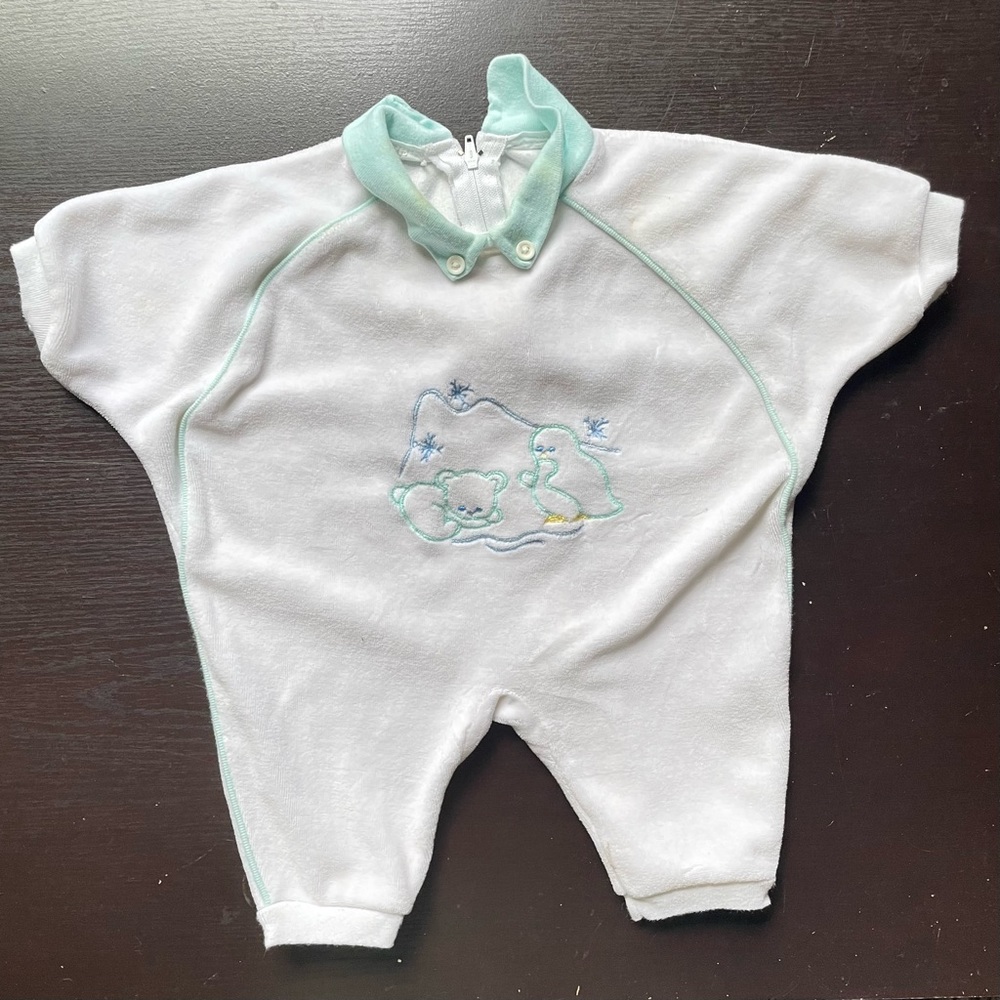 Vintage 80s 90s Seafoam Green White Embroidered Zip Up One Piece Footless